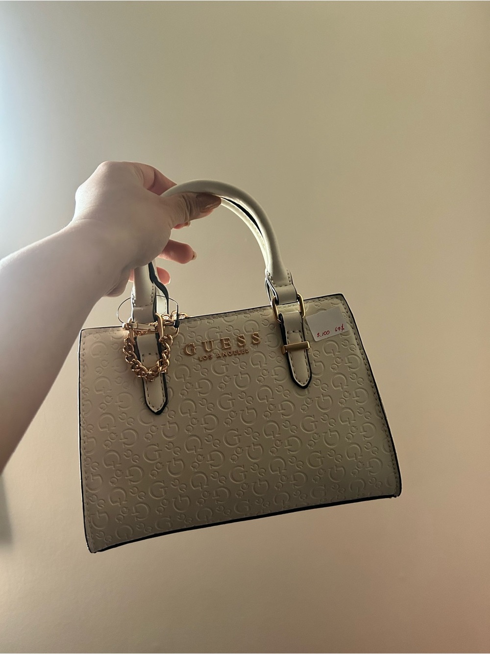 GUESS Cream Logo-Embossed Satchel with Gold Hardware